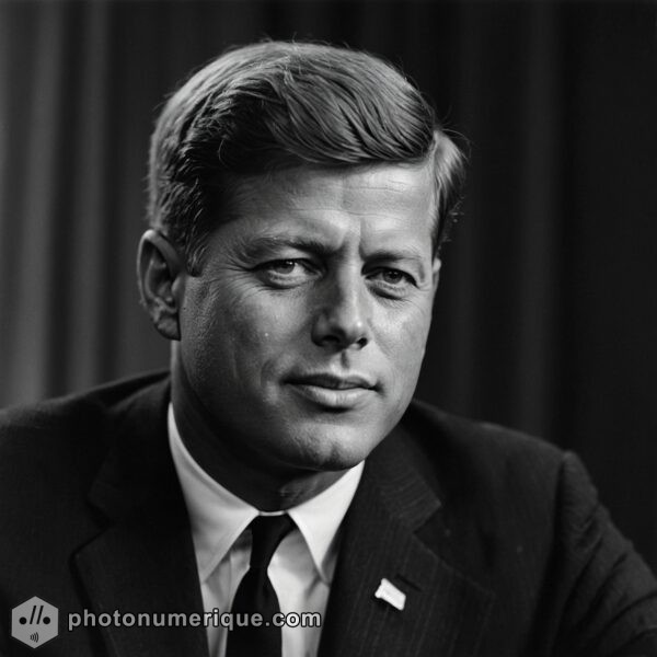 A charismatic black-and-white portrait of John F. Kennedy, highlighting his youthful and dynamic features.