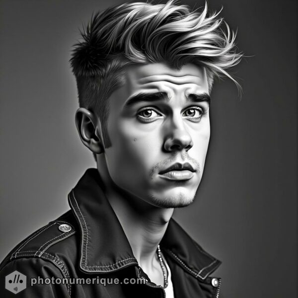 a hyperrealistic black-and-white portrait of Justin Bieber in the Harcourt Studio style.