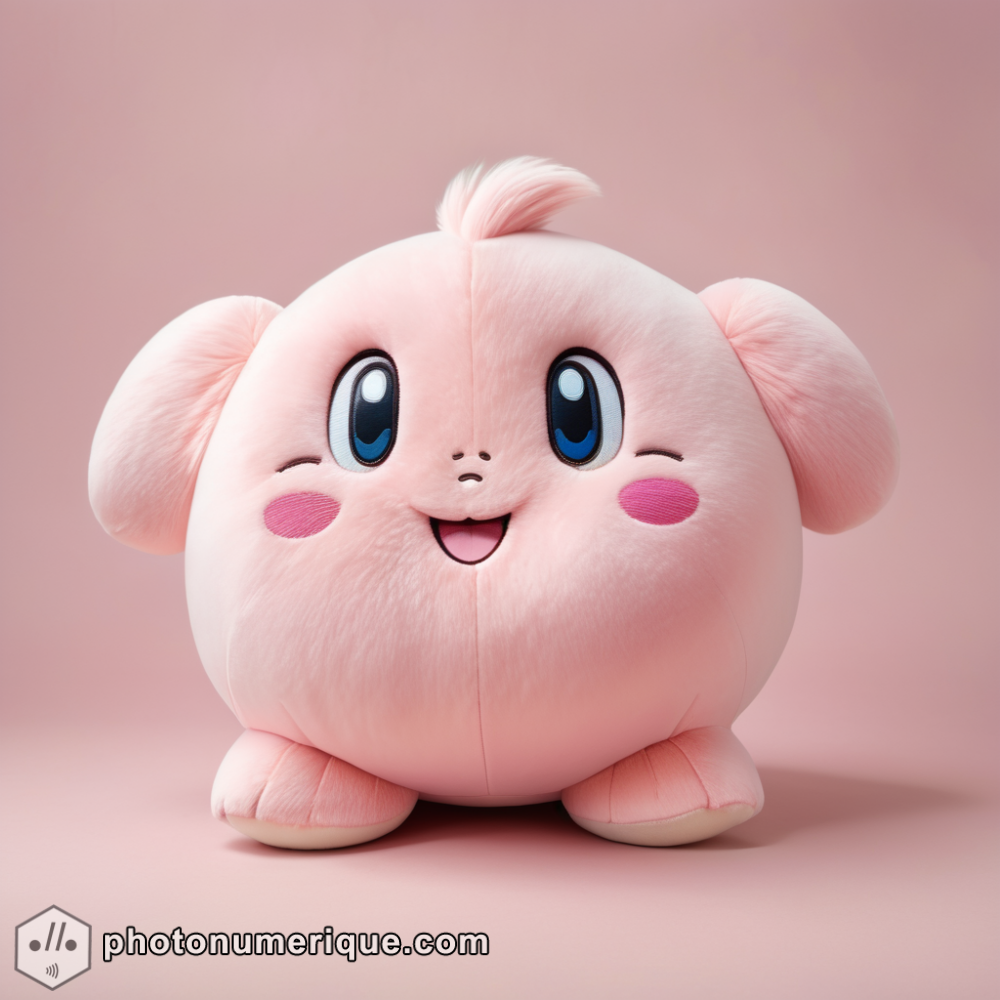 a hyperrealistic portrait of a plush Kirby in a soft, pastel pink monochromatic color scheme.