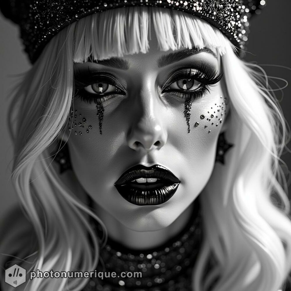 a hyperrealistic black-and-white portrait of Lady Gaga, blending Studio Harcourt style with caricature.