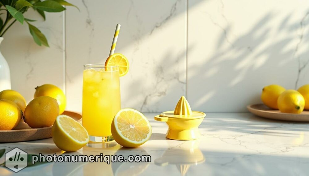 a bright, cheerful image of fresh lemons on a marble countertop, with sliced lemons, a lemon juicer, and a glass of freshly squeezed lemonade nearby.