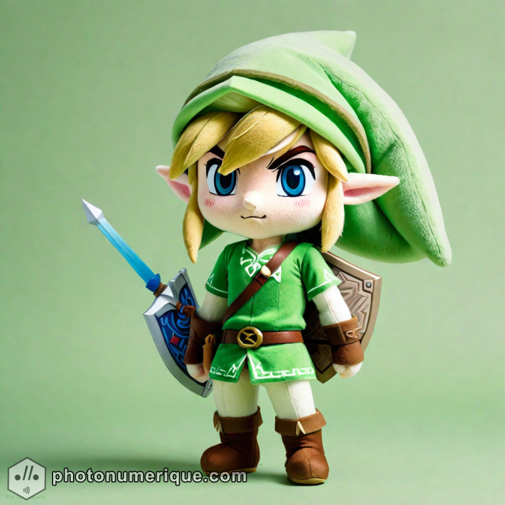 A hyperrealistic portrait of a plush Link from The Legend of Zelda in a gentle, pastel green monochromatic color scheme.