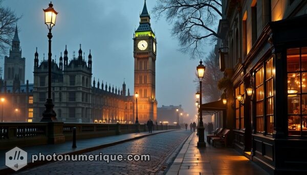 A hyperrealistic image of London on a misty evening, with Big Ben and the Houses of Parliament illuminated by the glow of streetlights.