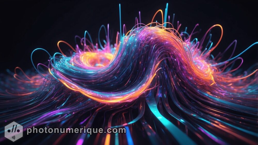 A flux of luminescent waves, embodying the flow of digital information.