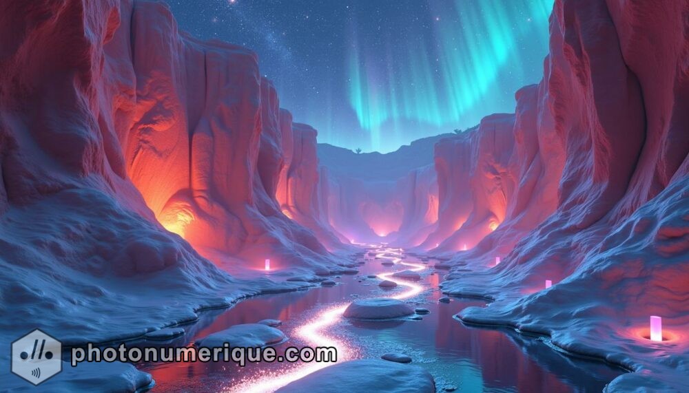 A hyperrealistic, surreal landscape of a canyon illuminated by glowing crystals embedded in the rock walls.