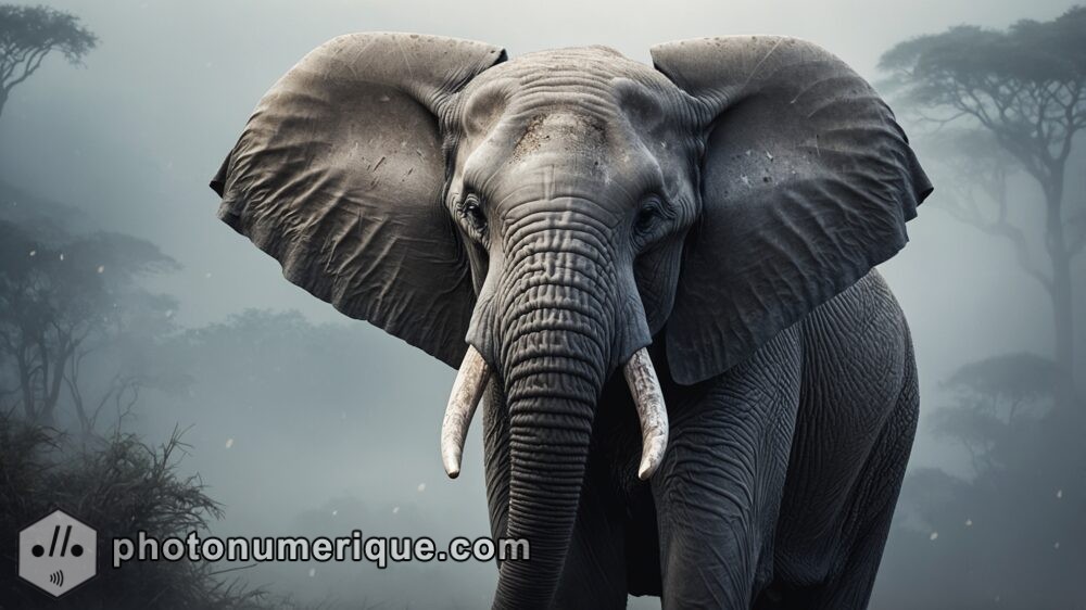 A close-up of a majestic elephant standing amidst a misty landscape.