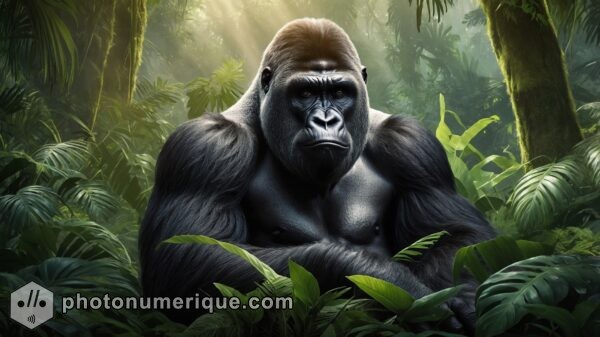 A powerful portrait of a silverback gorilla sitting in a lush, dense rainforest.