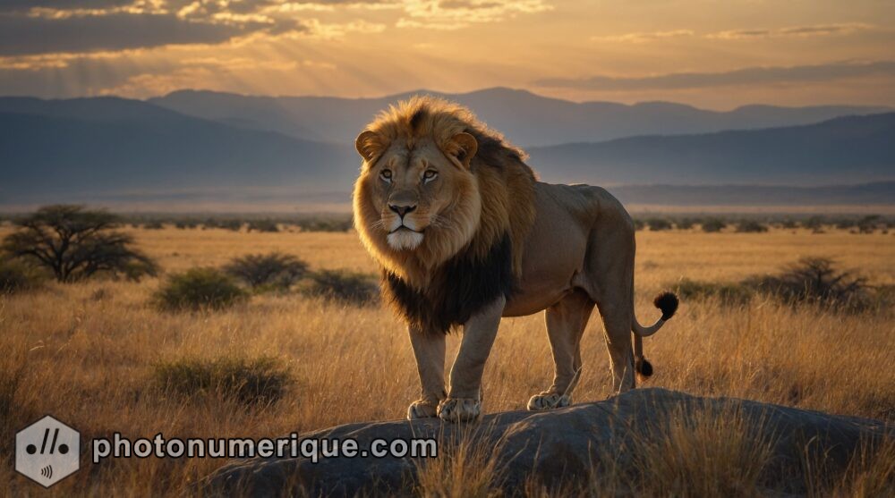 a hyperrealistic painting of a majestic lion standing on a rocky outcrop, surveying the savannah at dawn.