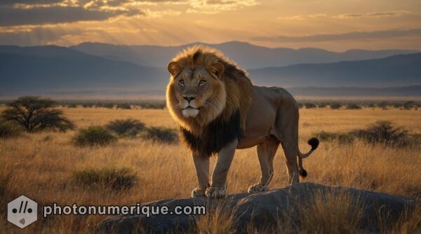 a hyperrealistic painting of a majestic lion standing on a rocky outcrop, surveying the savannah at dawn.