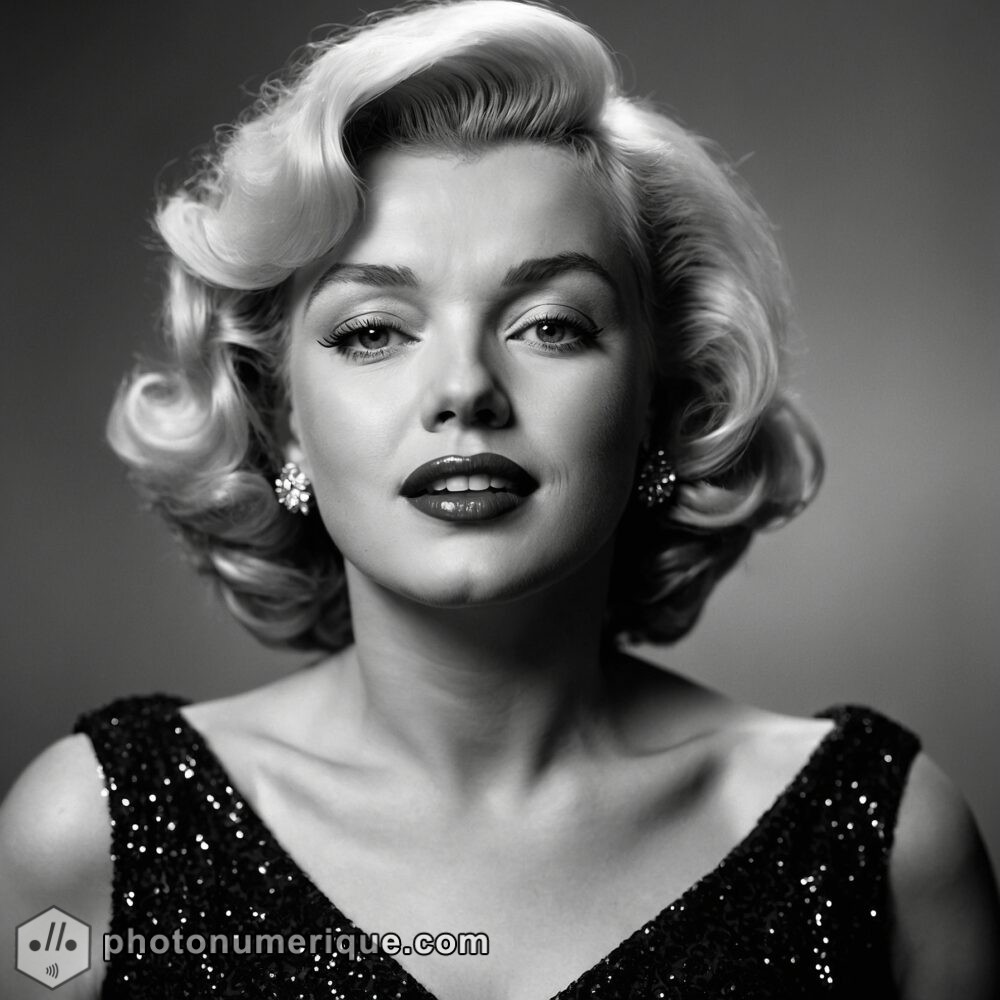 A glamorous black-and-white portrait of Marilyn Monroe, focusing on her iconic beauty and charm.