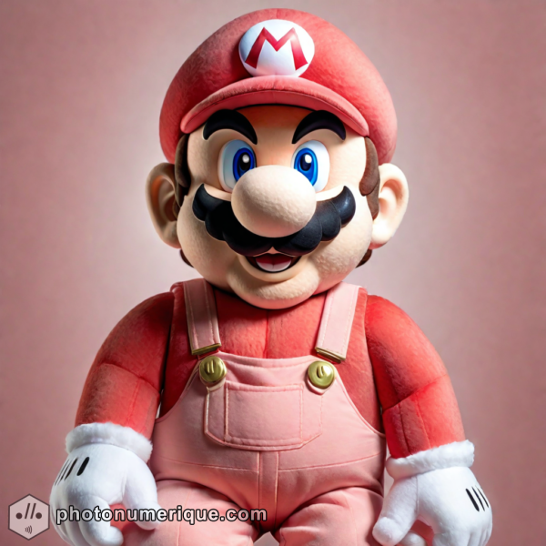 a hyperrealistic portrait of a plush Mario from Super Mario Bros.