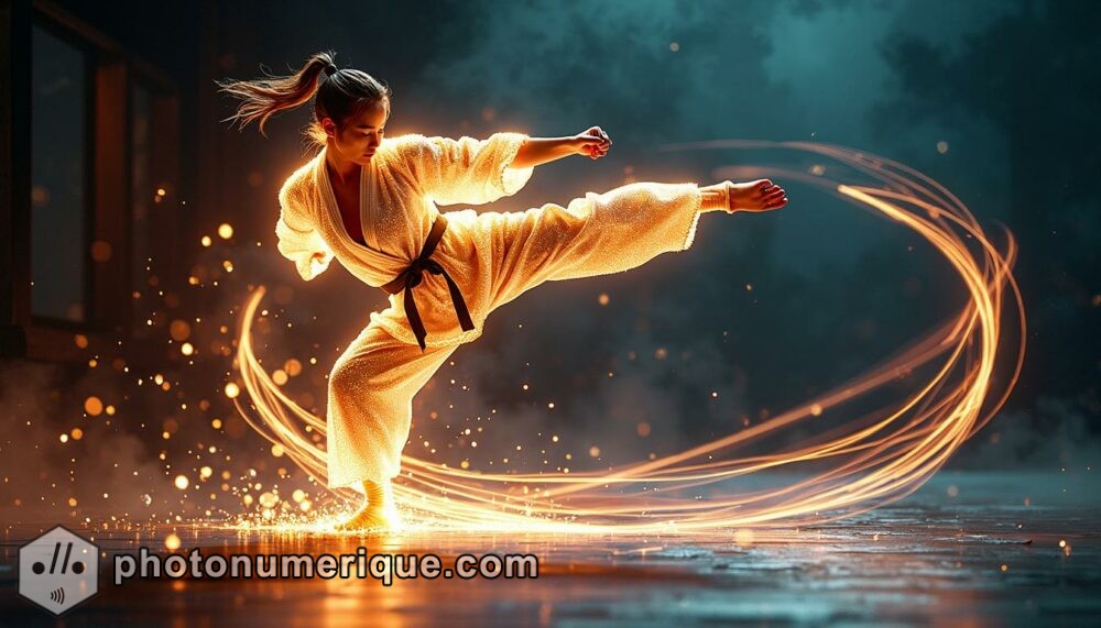 a hyperrealistic image of a martial artist performing a high kick, with the movement of the kick rotoscoped in bright, dynamic lines of light that curve and twist around the figure.