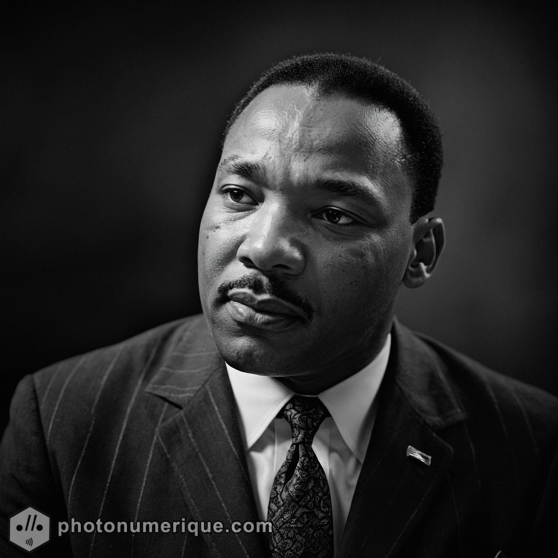 A powerful black-and-white portrait of Martin Luther King Jr., capturing his determined and compassionate expression.