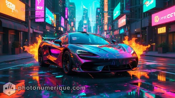 An image of the McLaren Speedtail cruising effortlessly through a neon-lit urban environment, with towering skyscrapers reflecting the car's sleek silhouette.