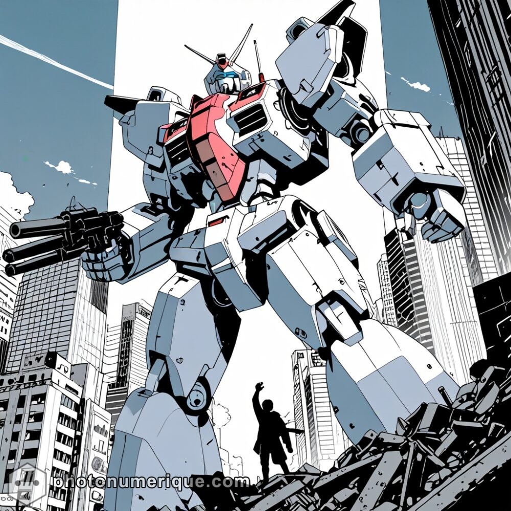 A towering mecha robot, defending a futuristic city from an impending alien invasion.