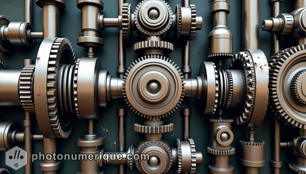 A complex, intertwined network of gears, cogs, and pistons, all rendered in a semi-abstract style. 