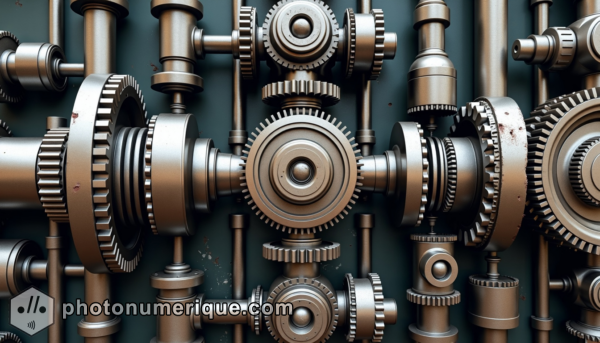 A complex, intertwined network of gears, cogs, and pistons, all rendered in a semi-abstract style. 