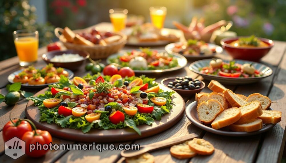 A vibrant, lively image of a Mediterranean-inspired meal spread across a large table.