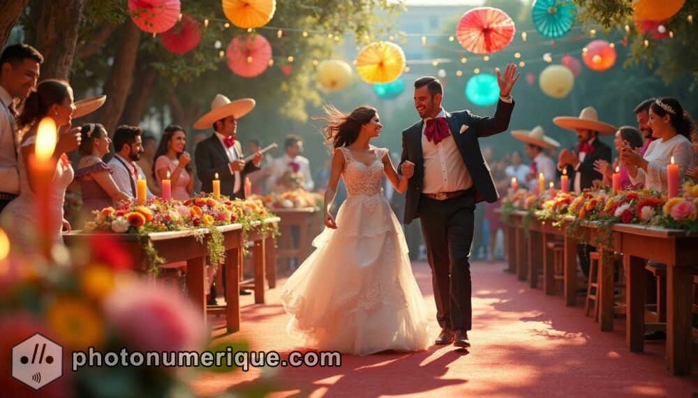 a hyperrealistic, festive Mexican wedding scene, where guests are dancing joyously in a vibrant, colorful setting.