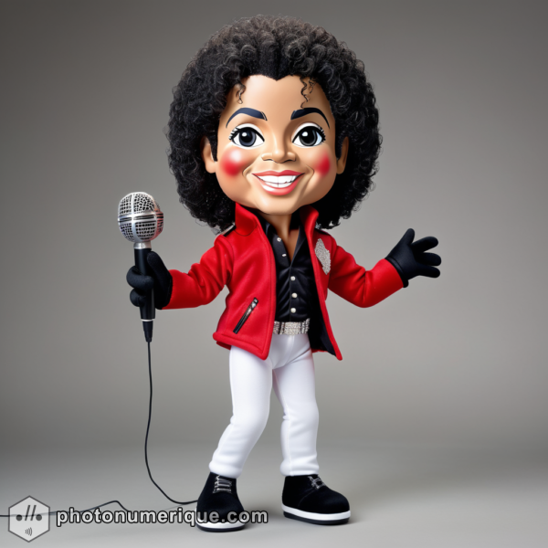 A hyperrealistic image of a plush caricature of Michael Jackson.