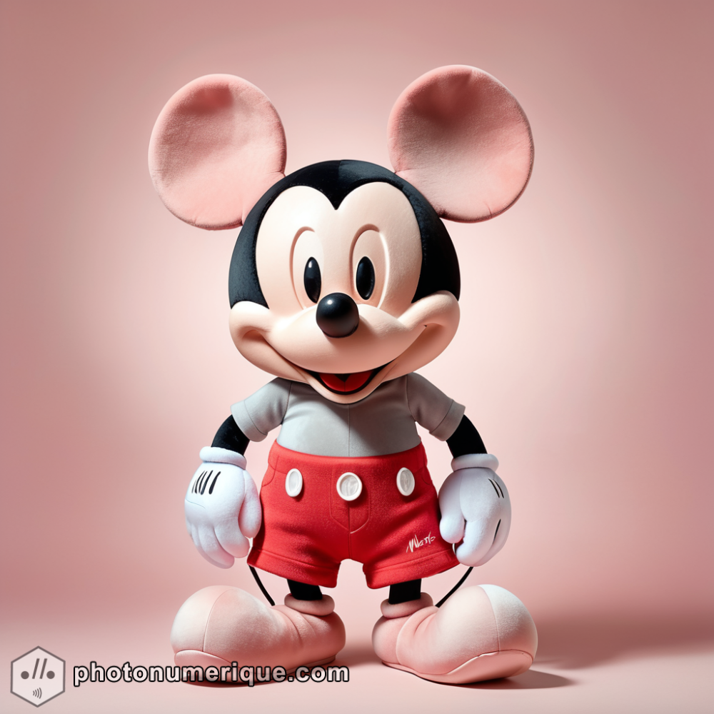 A hyperrealistic portrait of a plush Mickey Mouse in a gentle, pastel red monochromatic color scheme.