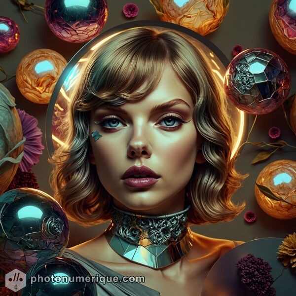 A digital artwork depicting Taylor Swift as a muse, with flowing lines and intricate patterns that merge classical artistry with digital innovation.