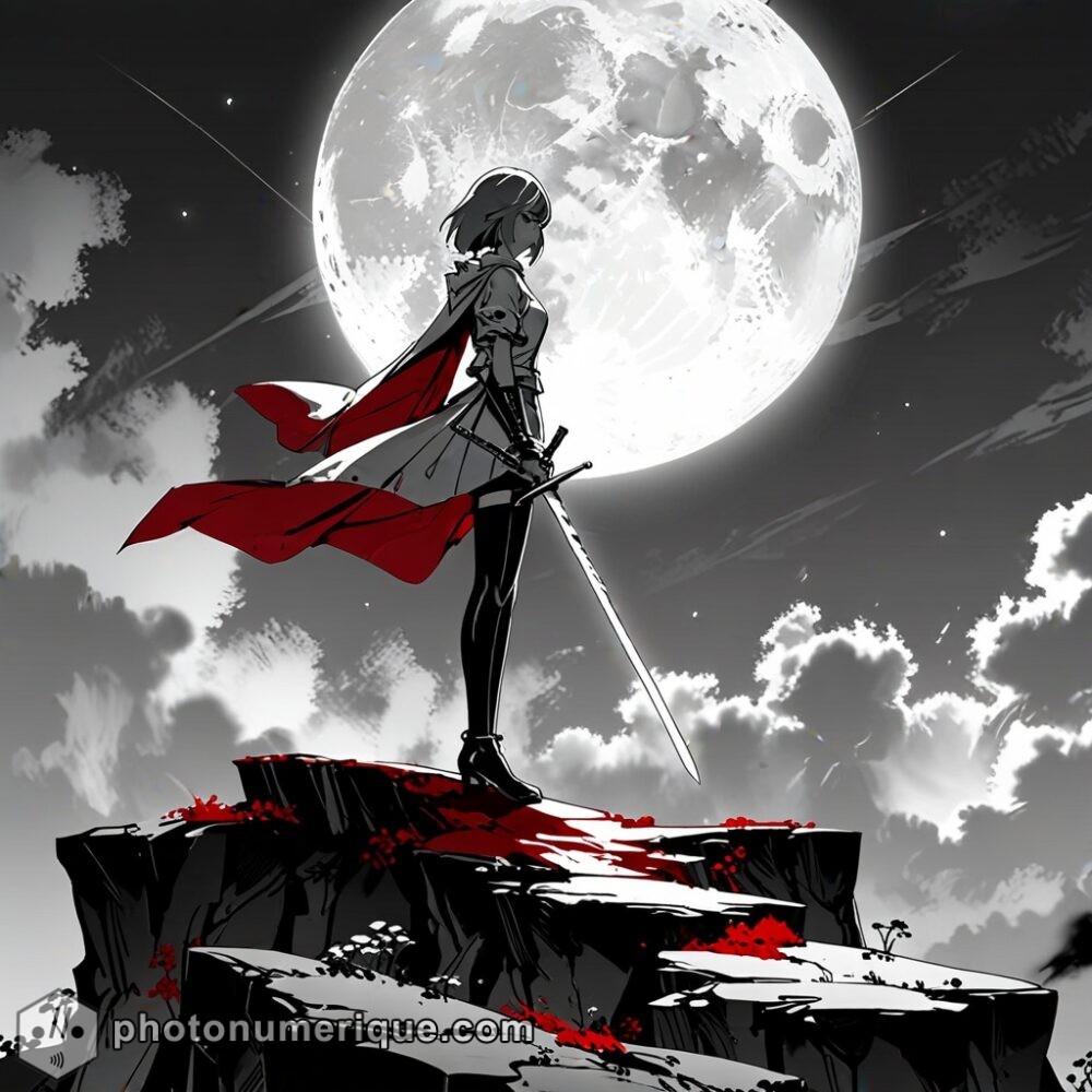 A lone swordswoman standing on a cliff under the full moon, ready to face her destiny.