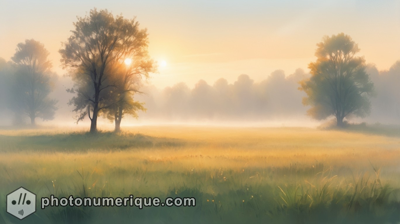 A serene morning landscape with a soft fog rolling over a meadow, the dew glistening on the grass