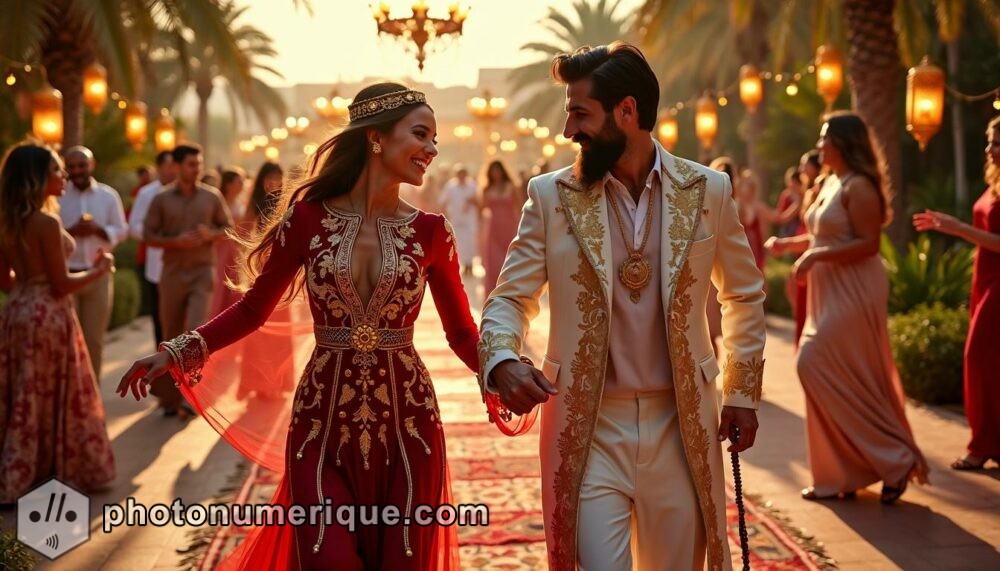 a hyperrealistic, lavish Moroccan wedding scene set in a luxurious desert oasis.