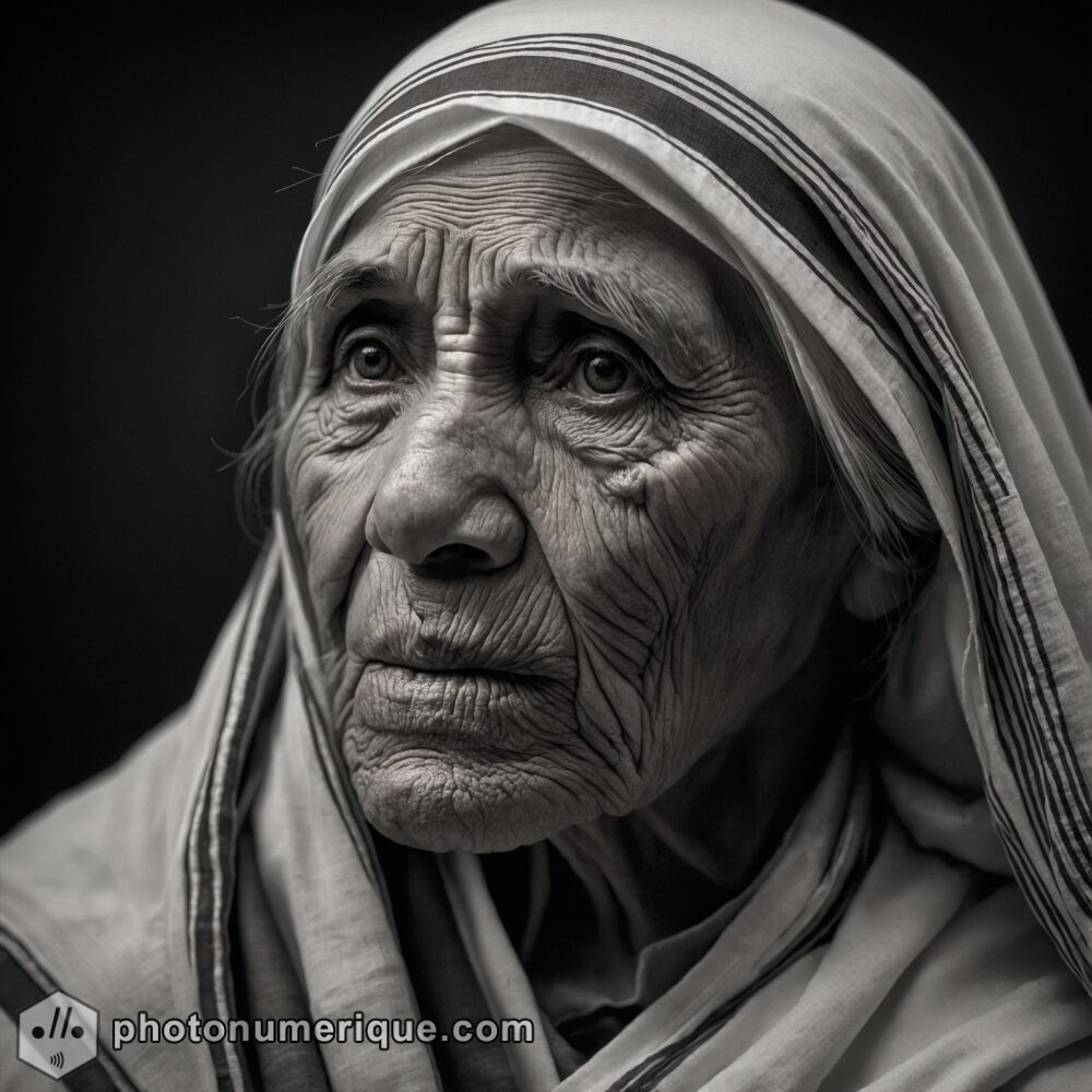 a hyperrealistic black-and-white portrait of Mother Teresa in the refined Studio Harcourt style.