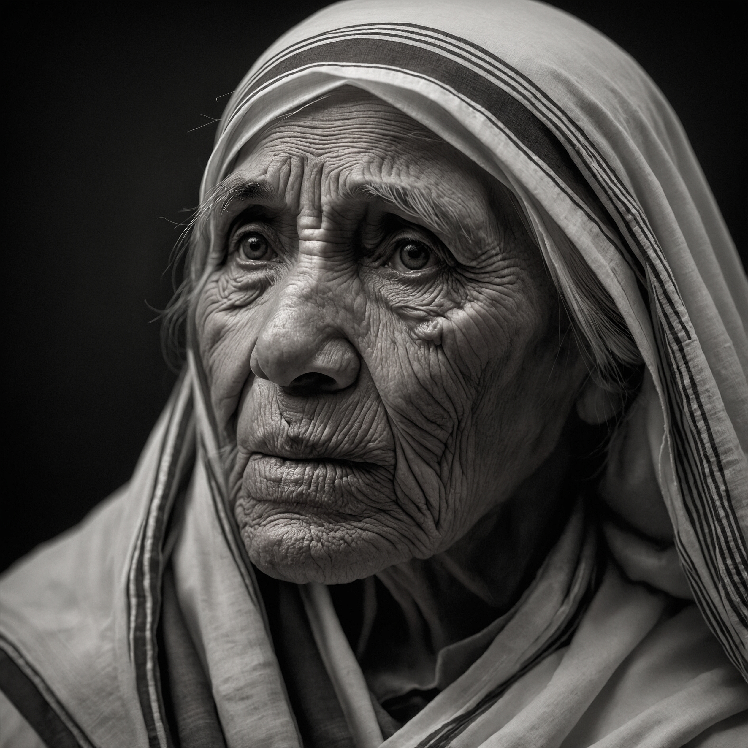 a hyperrealistic black-and-white portrait of Mother Teresa in the refined Studio Harcourt style.