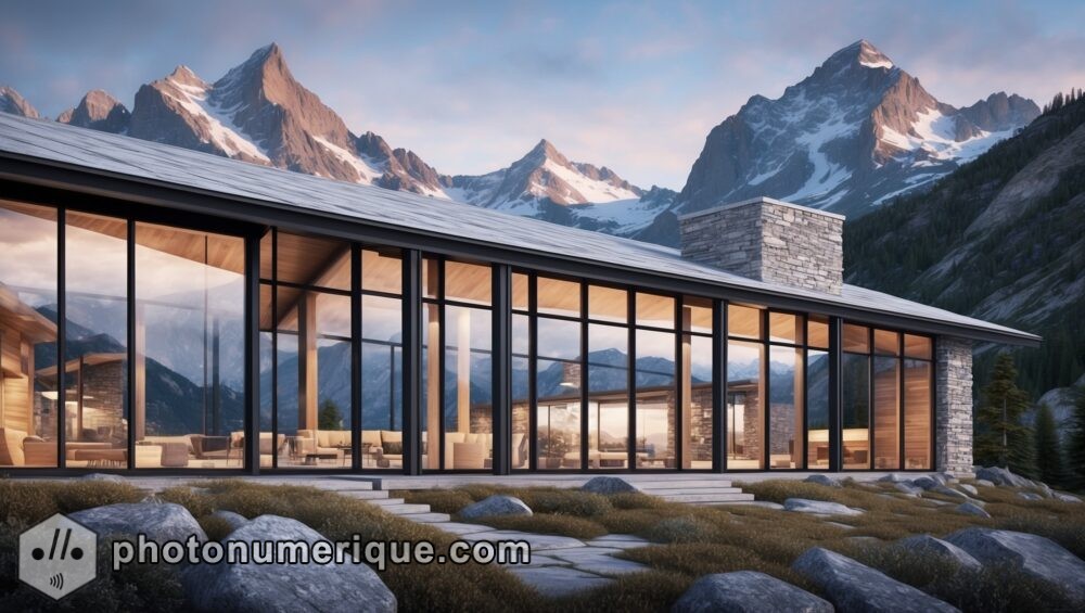 a realistic depiction of a modern mountain lodge with expansive glass walls that offer panoramic views of the surrounding peaks.