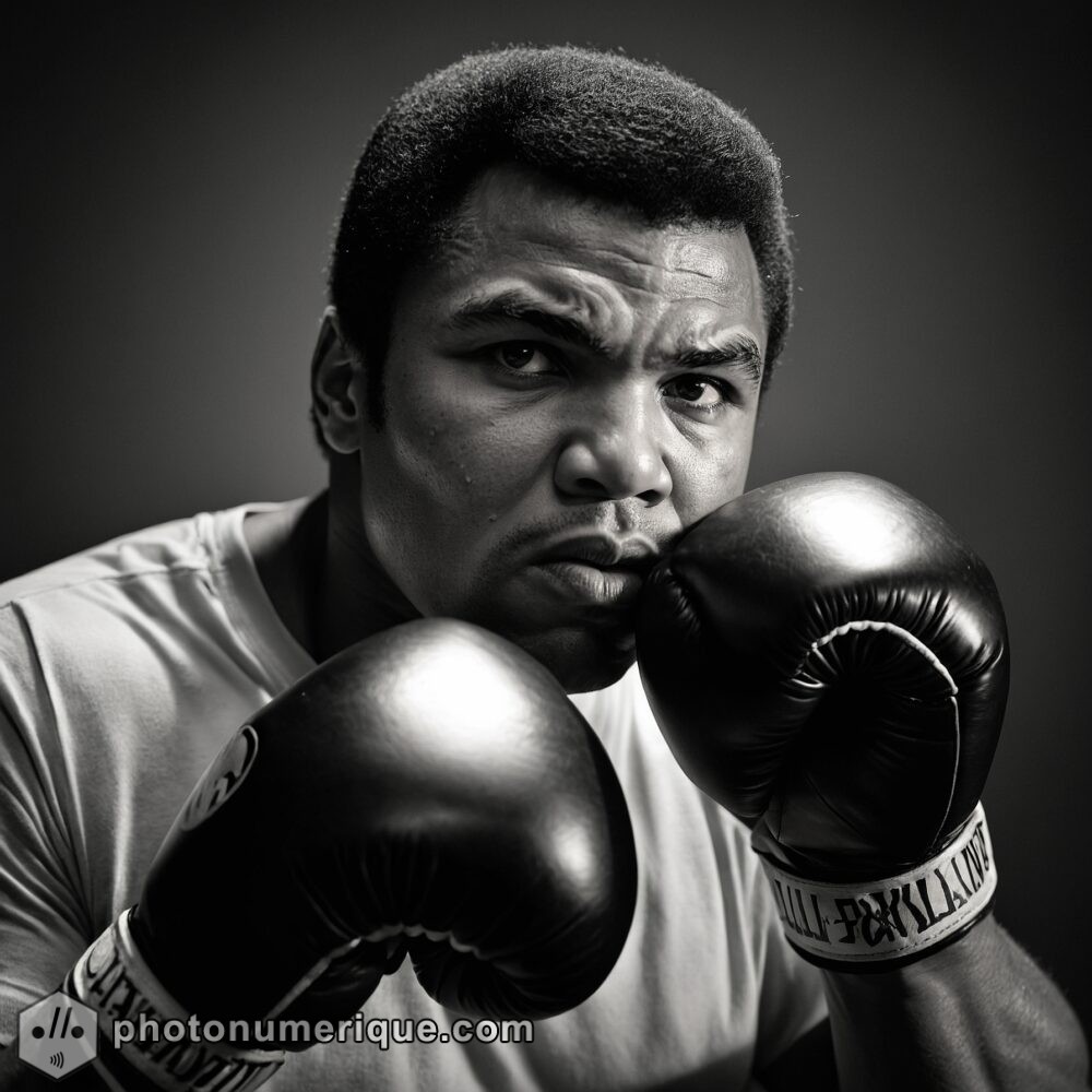 A bold black-and-white portrait of Muhammad Ali, capturing his fierce and determined expression.