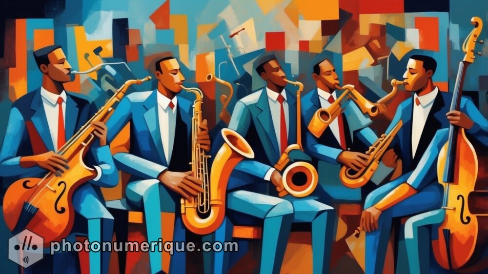 A cubist representation of musical instruments, capturing the rhythm and harmony of a jazz ensemble.