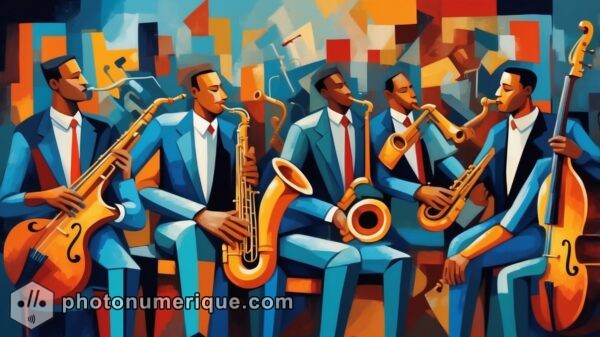 A cubist representation of musical instruments, capturing the rhythm and harmony of a jazz ensemble.