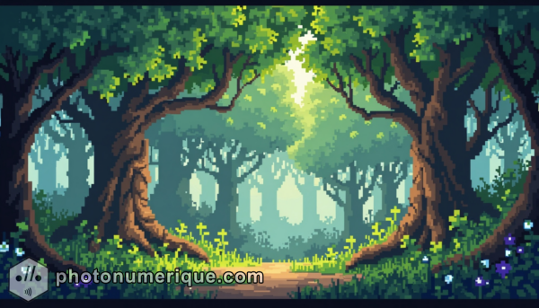 A magical forest scene brought to life through detailed pixel art.