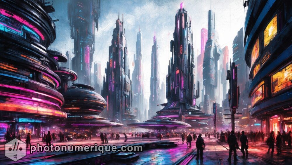 A futuristic cityscape of towering skyscrapers, neon lights, and bustling streets.