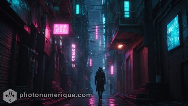 a cyberpunk scene featuring a deep, neon-lit alleyway descending into darkness.