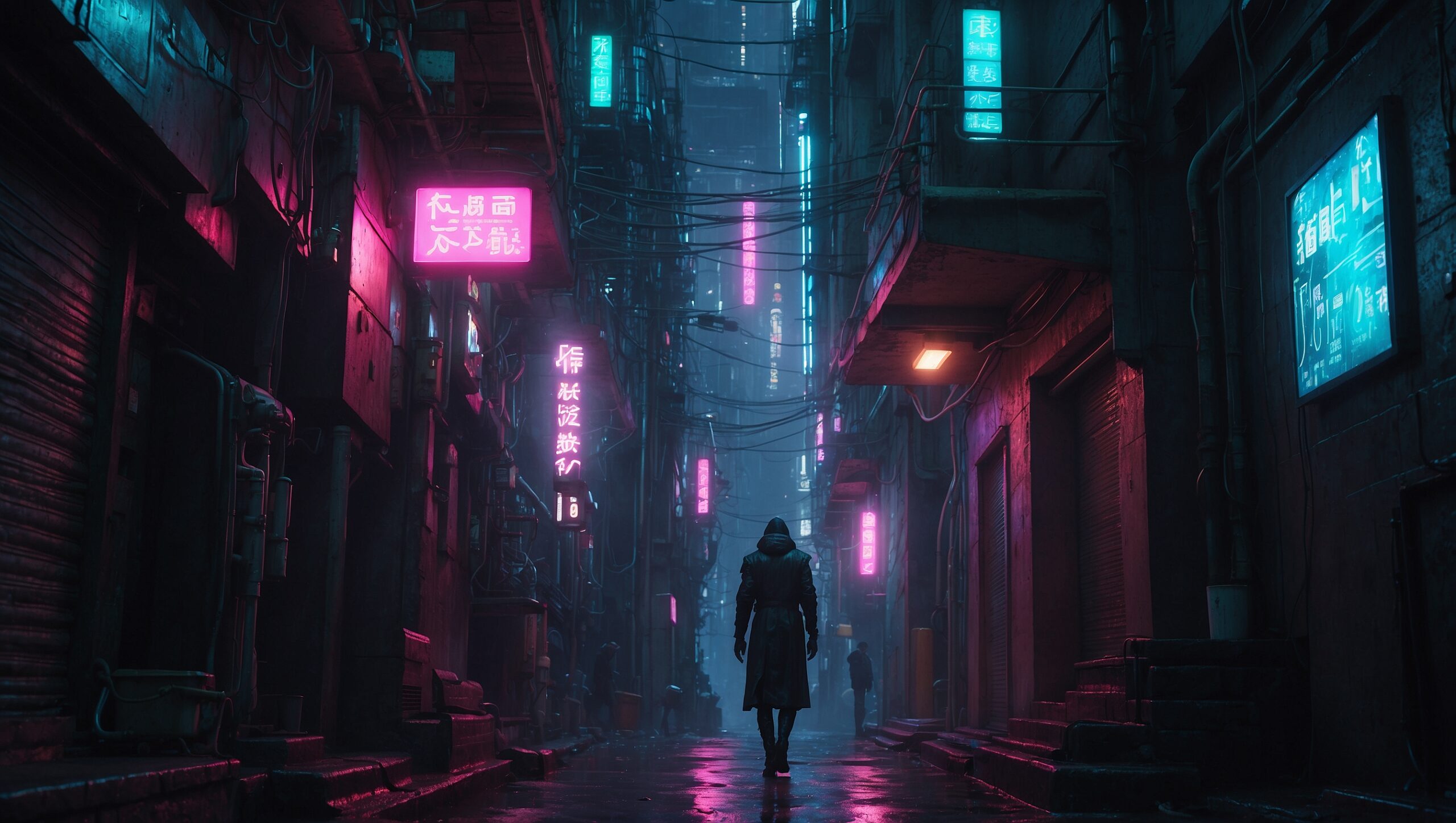 a cyberpunk scene featuring a deep, neon-lit alleyway descending into darkness.