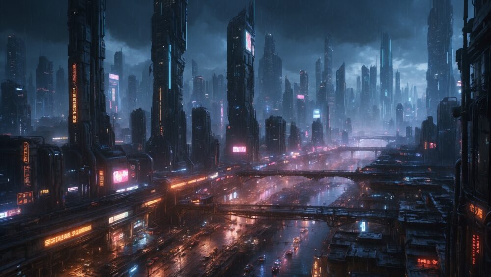 A bustling cyberpunk cityscape at night, filled with towering skyscrapers adorned with neon signs.