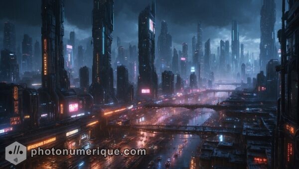 A bustling cyberpunk cityscape at night, filled with towering skyscrapers adorned with neon signs.