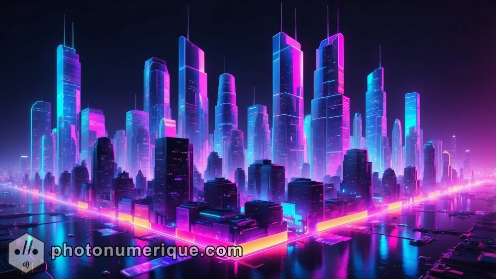 A vibrant cityscape bathed in neon lights, where reality and the digital world converge in a dazzling display.