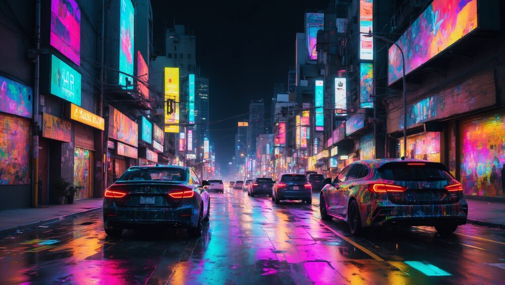 A vibrant, neon-colored mural capturing the energy of a city at night.