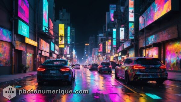 A vibrant, neon-colored mural capturing the energy of a city at night.