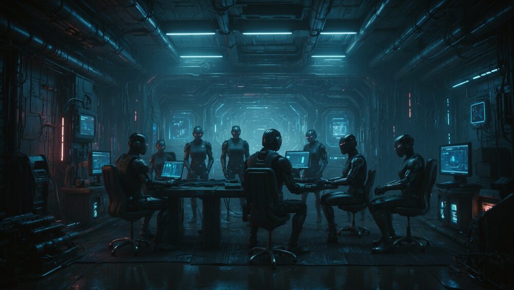 a cyberpunk scene featuring a group of diverse rebels gathered in a dark, neon-lit room.