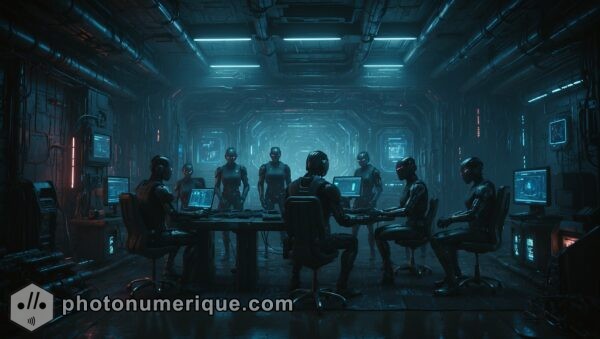 a cyberpunk scene featuring a group of diverse rebels gathered in a dark, neon-lit room.