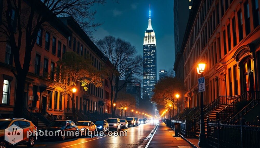 a dynamic hyperrealistic image of New York City at night, with the Empire State Building towering over the skyline, bathed in vibrant lights.