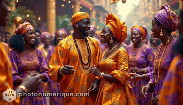 A hyperrealistic, vibrant Nigerian wedding scene, focusing on a Yoruba celebration filled with dancing, music, and color.