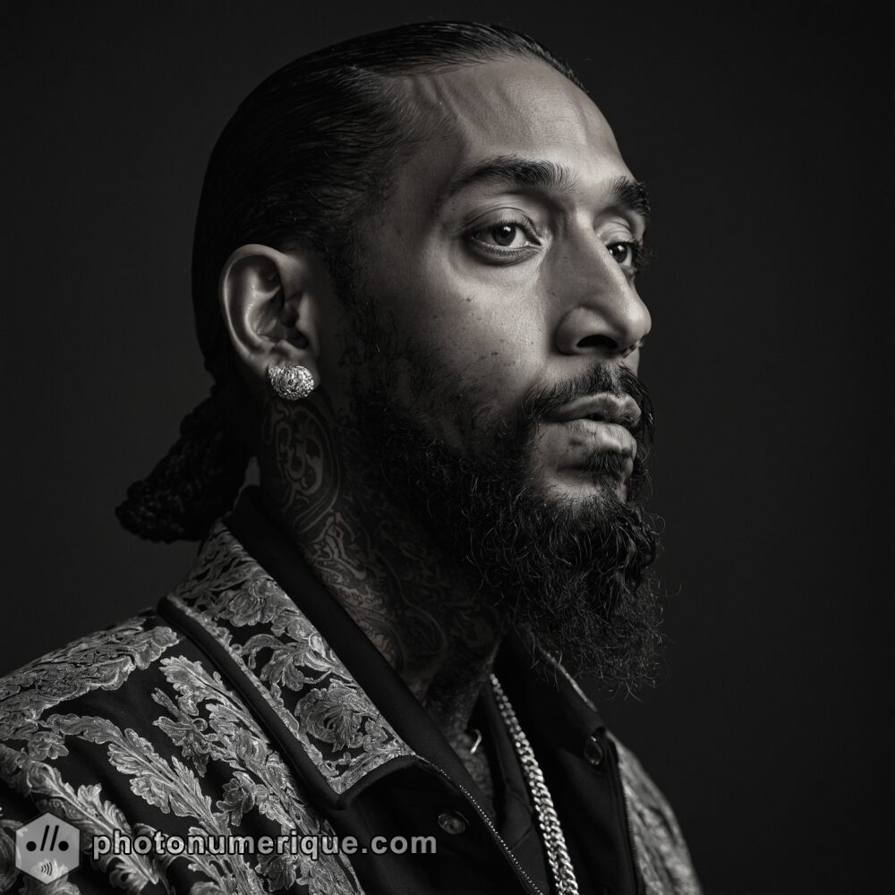 a hyperrealistic black-and-white portrait of Nipsey Hussle in the refined Studio Harcourt style.