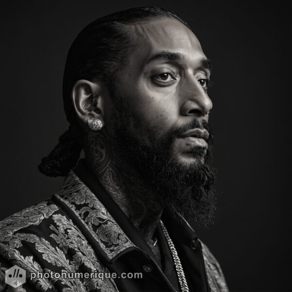 a hyperrealistic black-and-white portrait of Nipsey Hussle in the refined Studio Harcourt style.